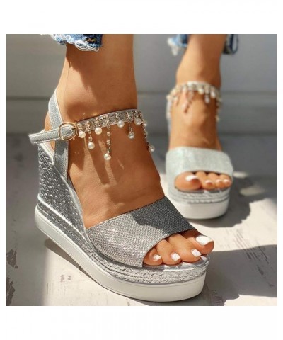 Women's Rhinestone Dress Wedge Sandals Trendy Pearl Sexy Spring Peep Toe Dressy Boho Cute 2024 Casual Summer Buckle Silver $1...