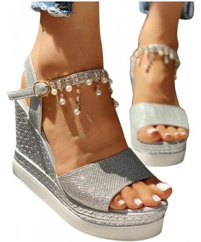 Women's Rhinestone Dress Wedge Sandals Trendy Pearl Sexy Spring Peep Toe Dressy Boho Cute 2024 Casual Summer Buckle Silver $1...