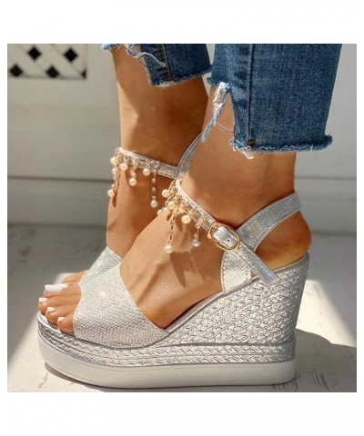 Women's Rhinestone Dress Wedge Sandals Trendy Pearl Sexy Spring Peep Toe Dressy Boho Cute 2024 Casual Summer Buckle Silver $1...