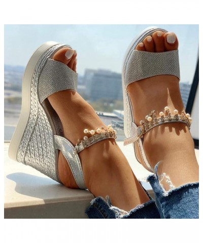 Women's Rhinestone Dress Wedge Sandals Trendy Pearl Sexy Spring Peep Toe Dressy Boho Cute 2024 Casual Summer Buckle Silver $1...