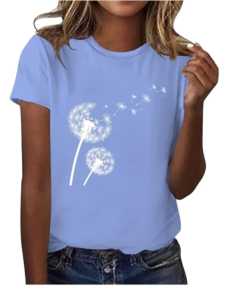 Women's Dandelion Print Short Sleeved Crew Neck T Shirt Casual Top Stretch Short Light Blue $11.01 Sandals