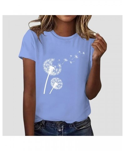 Women's Dandelion Print Short Sleeved Crew Neck T Shirt Casual Top Stretch Short Light Blue $11.01 Sandals