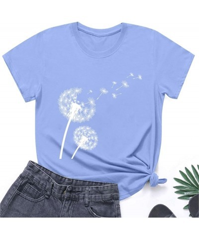 Women's Dandelion Print Short Sleeved Crew Neck T Shirt Casual Top Stretch Short Light Blue $11.01 Sandals