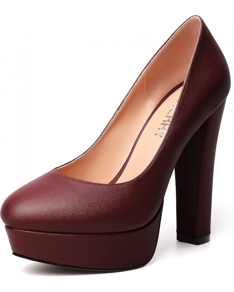 Womens Platform Dress Wedding Slip On Matte Round Toe Block High Heel Pumps Shoes 5 Inch Burgundy $40.88 Pumps