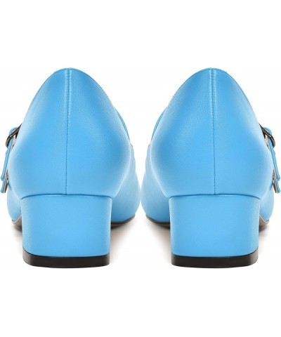 Womens Office Round Toe Adjustable Strap Fashion Buckle Matte Chunky Low Heel Pumps Shoes 1.5 Inch Sky Blue $36.95 Pumps