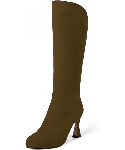 Womens Suede Round Toe Fashion Office Zip Spool High Heel Mid Calf Boots 3.3 Inch Dark Brown $47.52 Boots