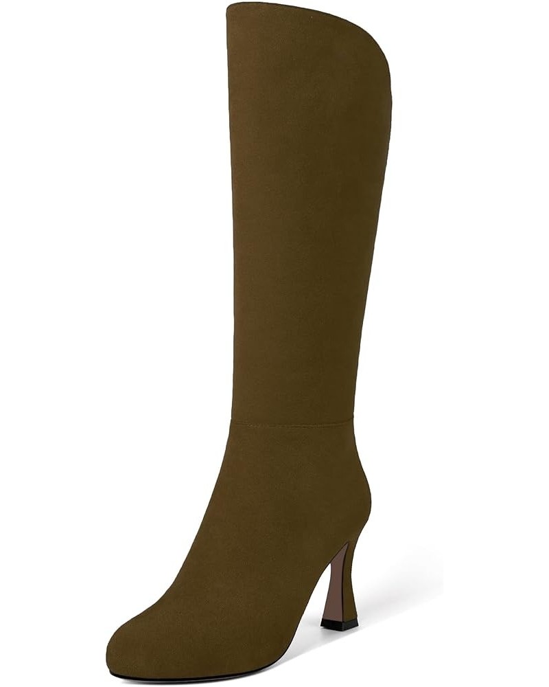 Womens Suede Round Toe Fashion Office Zip Spool High Heel Mid Calf Boots 3.3 Inch Dark Brown $47.52 Boots