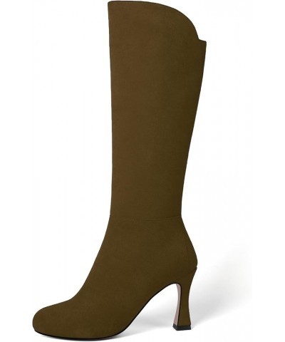 Womens Suede Round Toe Fashion Office Zip Spool High Heel Mid Calf Boots 3.3 Inch Dark Brown $47.52 Boots