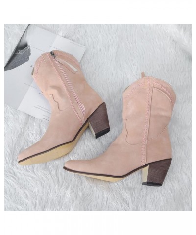 Winter Boots for Women Vintage Cute Square Toe Slip On Block Heel Walking Wide Mid Calf Boot Dressy Western Boots Pink $20.03...