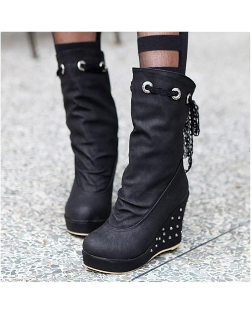 Lace Up Boots Women Retro Wedge Heel Ankle Boots,Plush Lined Warm Ankle Boots,PU Leather Waterproof Snow Boots,Women Winter W...