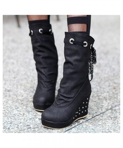 Lace Up Boots Women Retro Wedge Heel Ankle Boots,Plush Lined Warm Ankle Boots,PU Leather Waterproof Snow Boots,Women Winter W...