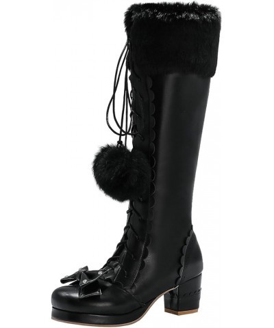 Womens Lolita Knee High Boots Chunky Heel Platform Lace Up Long Boots Sweet Bow Warm Faux Fur Snow Boots Black $32.49 Boots