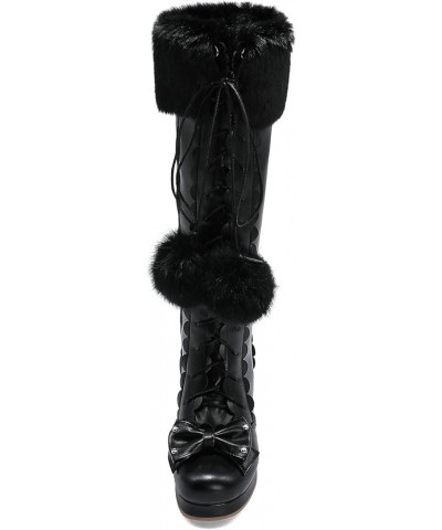 Womens Lolita Knee High Boots Chunky Heel Platform Lace Up Long Boots Sweet Bow Warm Faux Fur Snow Boots Black $32.49 Boots