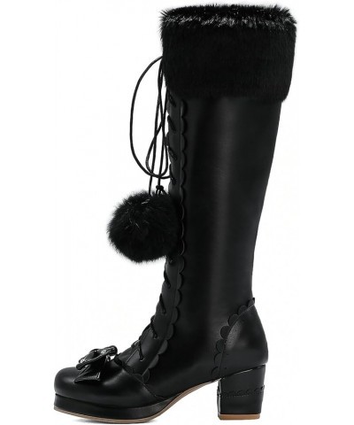 Womens Lolita Knee High Boots Chunky Heel Platform Lace Up Long Boots Sweet Bow Warm Faux Fur Snow Boots Black $32.49 Boots