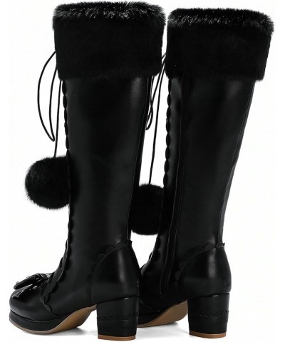 Womens Lolita Knee High Boots Chunky Heel Platform Lace Up Long Boots Sweet Bow Warm Faux Fur Snow Boots Black $32.49 Boots