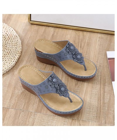 Fashion Women Summer Flowers Casual Open Toe Wedges Massage Soft Bottom Slippers Breathable Womens Rhinestone Blue $15.61 Sli...