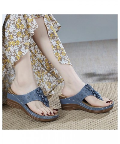 Fashion Women Summer Flowers Casual Open Toe Wedges Massage Soft Bottom Slippers Breathable Womens Rhinestone Blue $15.61 Sli...