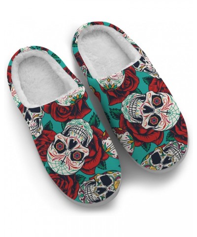 Green Mexico Sugar Skull Rose Slippers for Women Men Anti-Slip House Slippers Fuzzy Plush Cotton Shoes Gifts for Girls Boys,U...