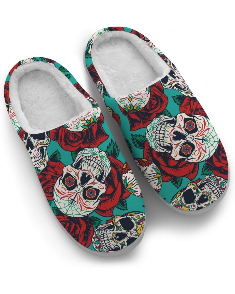 Green Mexico Sugar Skull Rose Slippers for Women Men Anti-Slip House Slippers Fuzzy Plush Cotton Shoes Gifts for Girls Boys,U...