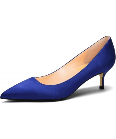 Women Fashion Pointed Toe Slip On Comfort Basic Kitten Heel Pumps Shoes Blue Satin $35.19 Pumps