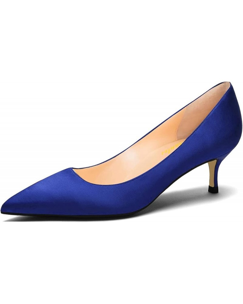 Women Fashion Pointed Toe Slip On Comfort Basic Kitten Heel Pumps Shoes Blue Satin $35.19 Pumps