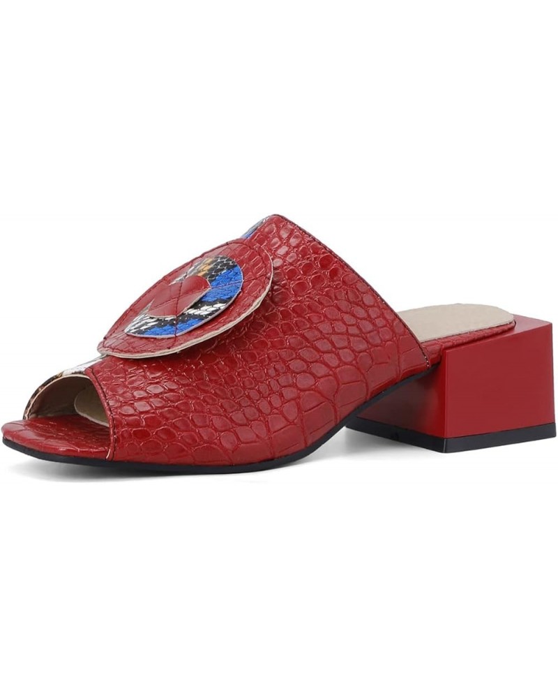 Women Chunky Block Heel Peep Toe Two Toned Snakeskin Slide Sandals Red $21.75 Sandals