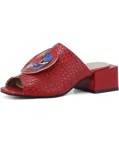 Women Chunky Block Heel Peep Toe Two Toned Snakeskin Slide Sandals Red $21.75 Sandals