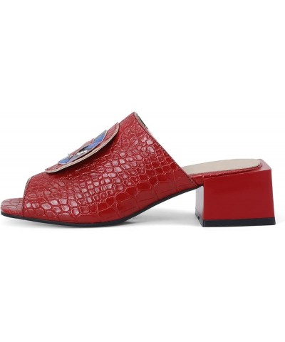 Women Chunky Block Heel Peep Toe Two Toned Snakeskin Slide Sandals Red $21.75 Sandals