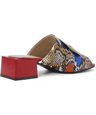 Women Chunky Block Heel Peep Toe Two Toned Snakeskin Slide Sandals Red $21.75 Sandals