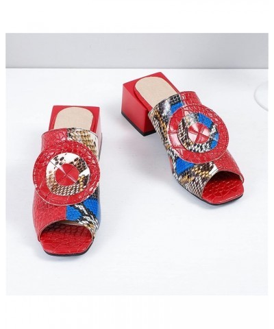 Women Chunky Block Heel Peep Toe Two Toned Snakeskin Slide Sandals Red $21.75 Sandals