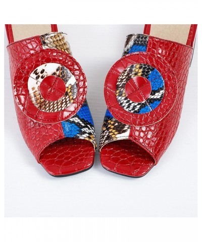 Women Chunky Block Heel Peep Toe Two Toned Snakeskin Slide Sandals Red $21.75 Sandals