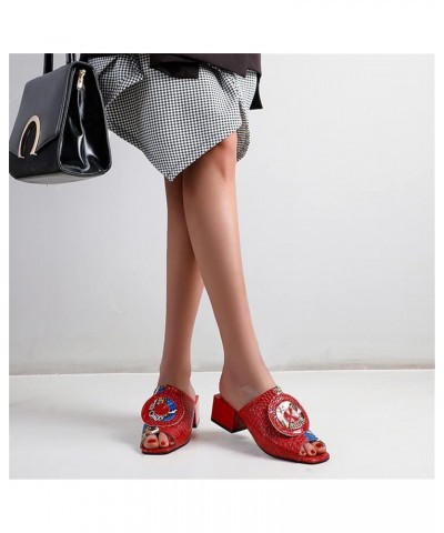 Women Chunky Block Heel Peep Toe Two Toned Snakeskin Slide Sandals Red $21.75 Sandals