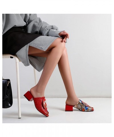 Women Chunky Block Heel Peep Toe Two Toned Snakeskin Slide Sandals Red $21.75 Sandals