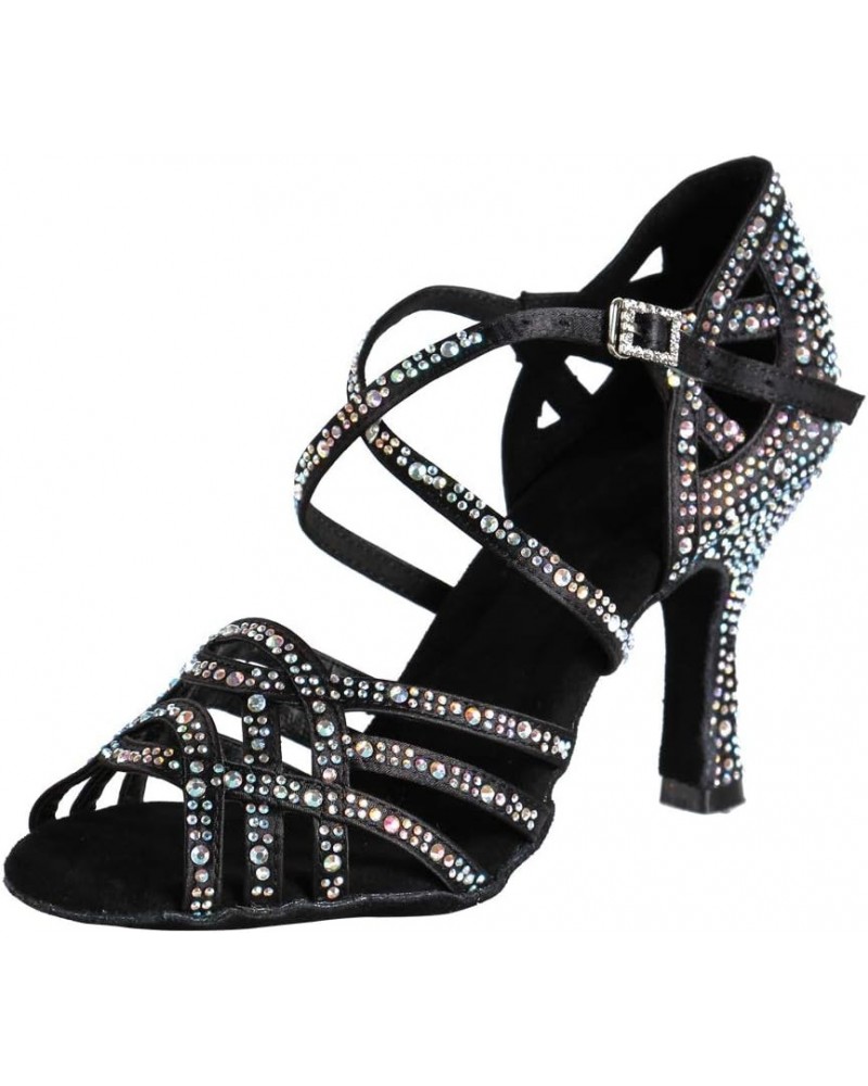 Women Professional Latin Rhinestone Dance Shoes Open Toe Salsa Chacha Ballroom Dance Heels Cross Strap,Model-L357 L357-black-...