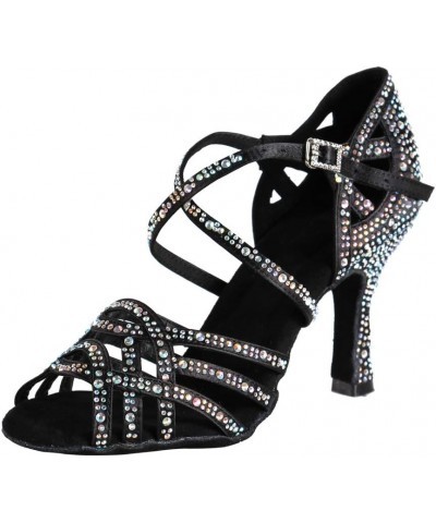 Women Professional Latin Rhinestone Dance Shoes Open Toe Salsa Chacha Ballroom Dance Heels Cross Strap,Model-L357 L357-black-...