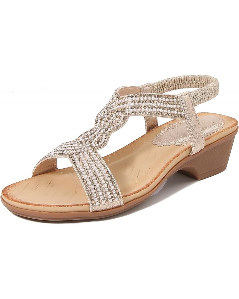 Womens Wedge Sandals Summer Ankle Strap Block Heeled Sandals Open Toe Comfortable Shoes with Rhinestones 5-gold $20.39 Sandals