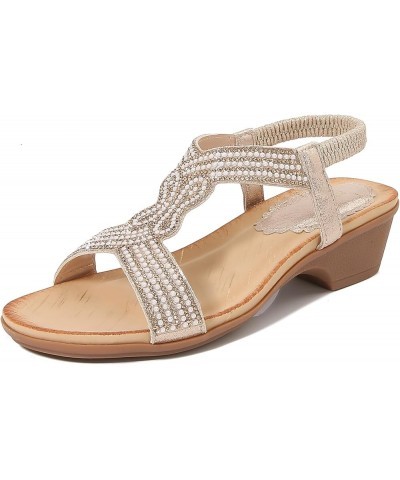 Womens Wedge Sandals Summer Ankle Strap Block Heeled Sandals Open Toe Comfortable Shoes with Rhinestones 5-gold $20.39 Sandals