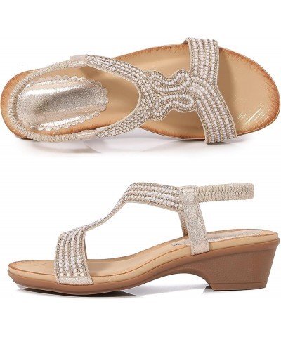 Womens Wedge Sandals Summer Ankle Strap Block Heeled Sandals Open Toe Comfortable Shoes with Rhinestones 5-gold $20.39 Sandals