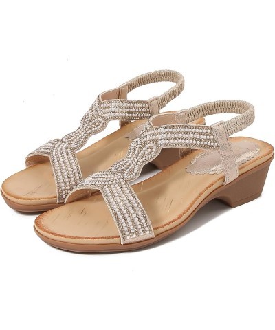 Womens Wedge Sandals Summer Ankle Strap Block Heeled Sandals Open Toe Comfortable Shoes with Rhinestones 5-gold $20.39 Sandals