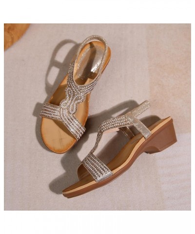 Womens Wedge Sandals Summer Ankle Strap Block Heeled Sandals Open Toe Comfortable Shoes with Rhinestones 5-gold $20.39 Sandals