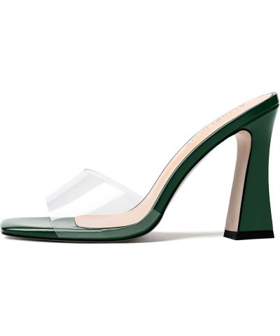 Womens Casual Party Slip On Patent Solid Square Toe Block High Heel Heeled Sandals 4 Inch Dark Green $41.02 Sandals