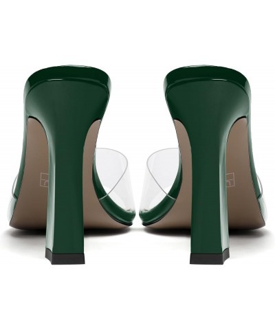 Womens Casual Party Slip On Patent Solid Square Toe Block High Heel Heeled Sandals 4 Inch Dark Green $41.02 Sandals