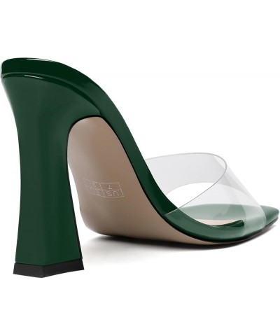 Womens Casual Party Slip On Patent Solid Square Toe Block High Heel Heeled Sandals 4 Inch Dark Green $41.02 Sandals