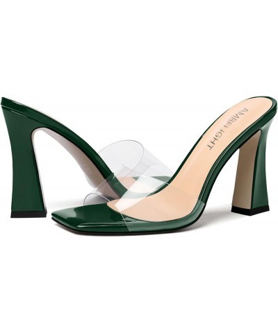 Womens Casual Party Slip On Patent Solid Square Toe Block High Heel Heeled Sandals 4 Inch Dark Green $41.02 Sandals