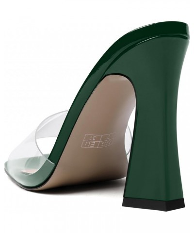 Womens Casual Party Slip On Patent Solid Square Toe Block High Heel Heeled Sandals 4 Inch Dark Green $41.02 Sandals