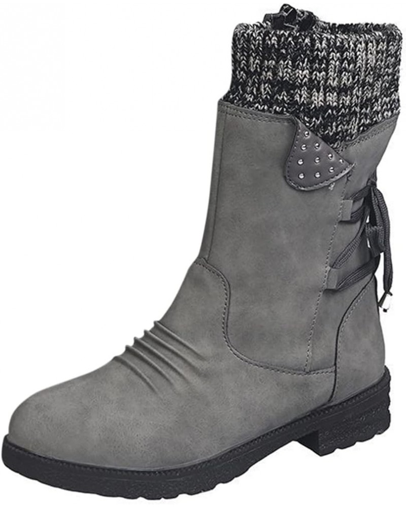 Womens Boots Wide Calf, Women's Round Toe Side Zipper Lace up Cowgirl Boots Winter Mid Calf Low Heeled Snow Boots Grey $14.00...