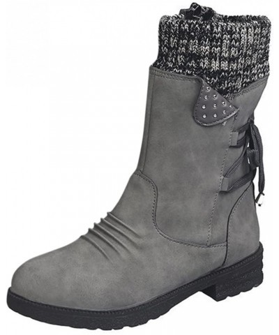 Womens Boots Wide Calf, Women's Round Toe Side Zipper Lace up Cowgirl Boots Winter Mid Calf Low Heeled Snow Boots Grey $14.00...