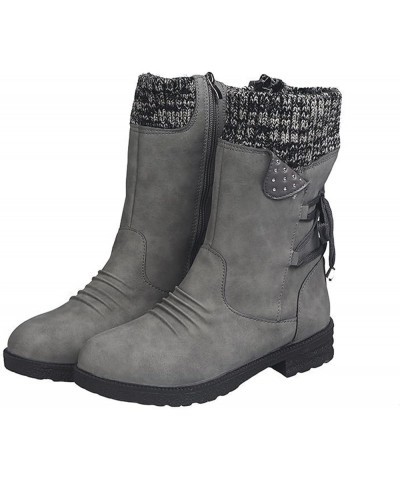 Womens Boots Wide Calf, Women's Round Toe Side Zipper Lace up Cowgirl Boots Winter Mid Calf Low Heeled Snow Boots Grey $14.00...