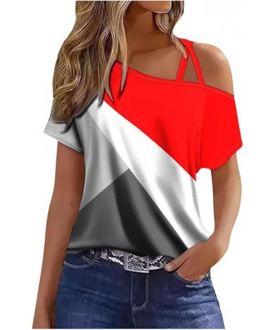 Summer Tops for Women Trendy Vacation Sexy Off The Shoulder Tops Print Short Sleeve Shorts Casual Women Stripe Red $7.07 Work...