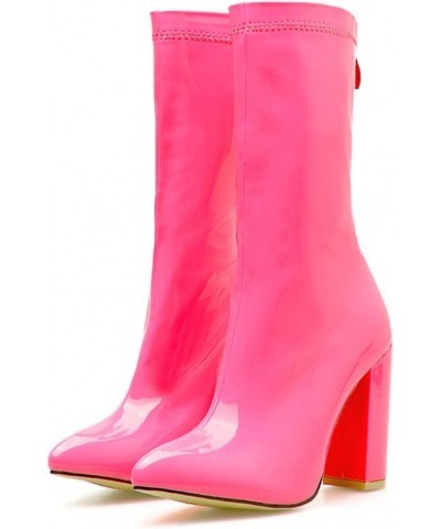 Womens Chunky High Heel Patent Booties Pointed Toe Ankle Boots Hot Pink $33.05 Boots